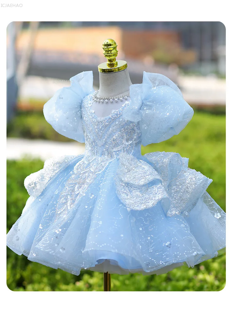 Girls Blue Party Dress Vestido Princess Gown BirthdayParty Kids Elegant Piano Recital Pageant Formal Wear Children Costumes