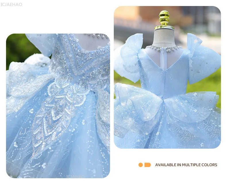 Girls Blue Party Dress Vestido Princess Gown BirthdayParty Kids Elegant Piano Recital Pageant Formal Wear Children Costumes