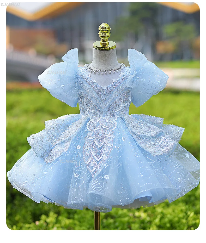 Girls Blue Party Dress Vestido Princess Gown BirthdayParty Kids Elegant Piano Recital Pageant Formal Wear Children Costumes