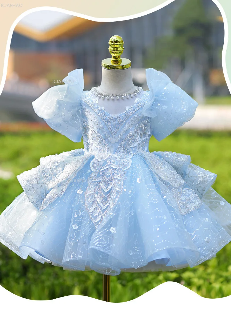 Girls Blue Party Dress Vestido Princess Gown BirthdayParty Kids Elegant Piano Recital Pageant Formal Wear Children Costumes