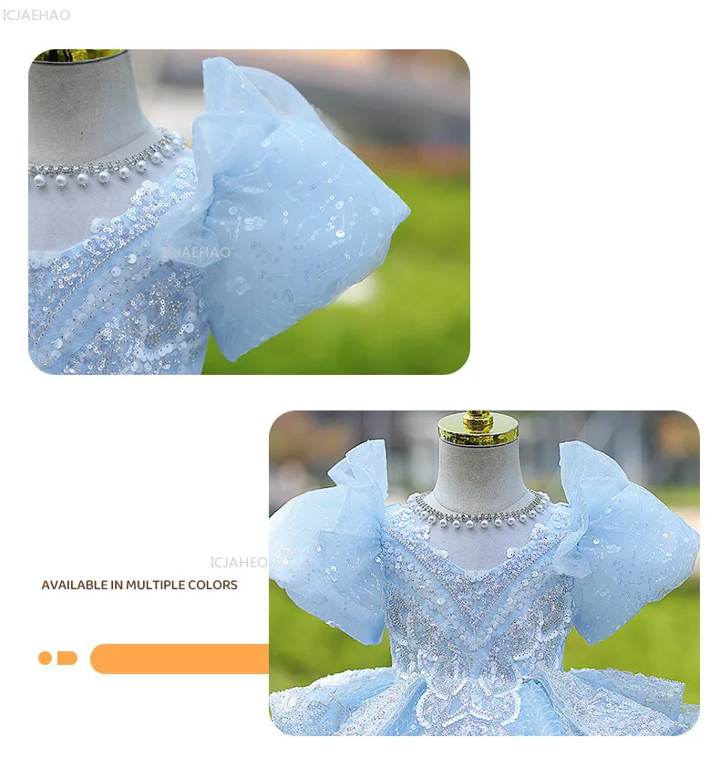 Girls Blue Party Dress Vestido Princess Gown BirthdayParty Kids Elegant Piano Recital Pageant Formal Wear Children Costumes