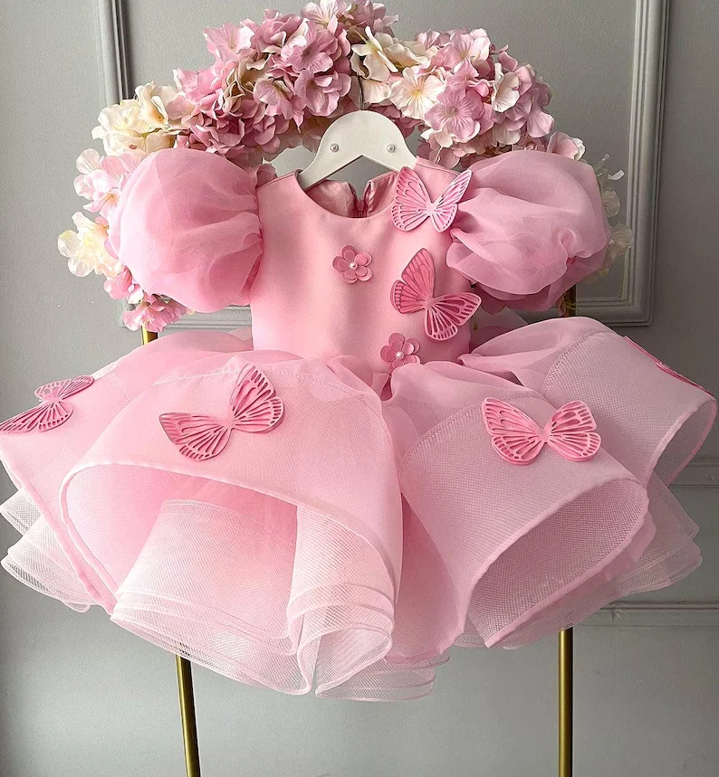 Baby Girls Dress Pink Bubble Sleeve Butterfly Dress Pageant Dresses for Toddler Girls Official Christmas Dinner Clothes