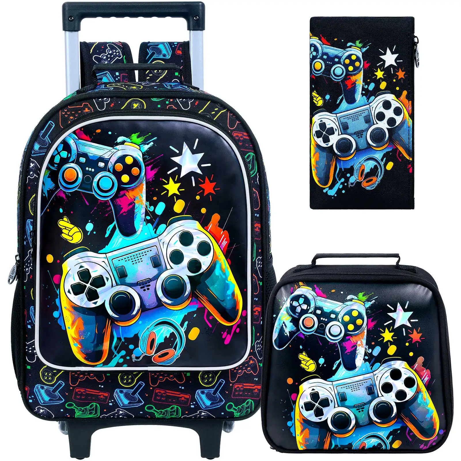 Rolling Backpack for Boys, Kids Roller Wheels School Bookbag with Lunch Bag, Wheeled School Bag for Children