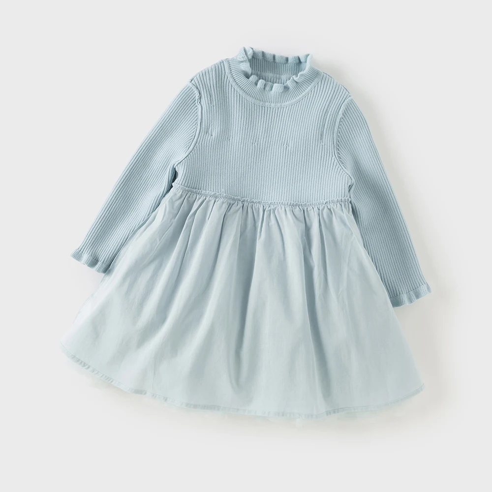 Dave Bella Girls Sweater Dress Autumn Winter Long Sleeves Kids Cotton Plush Lace Mesh Dress Outerwear Children Clothes DB4243419
