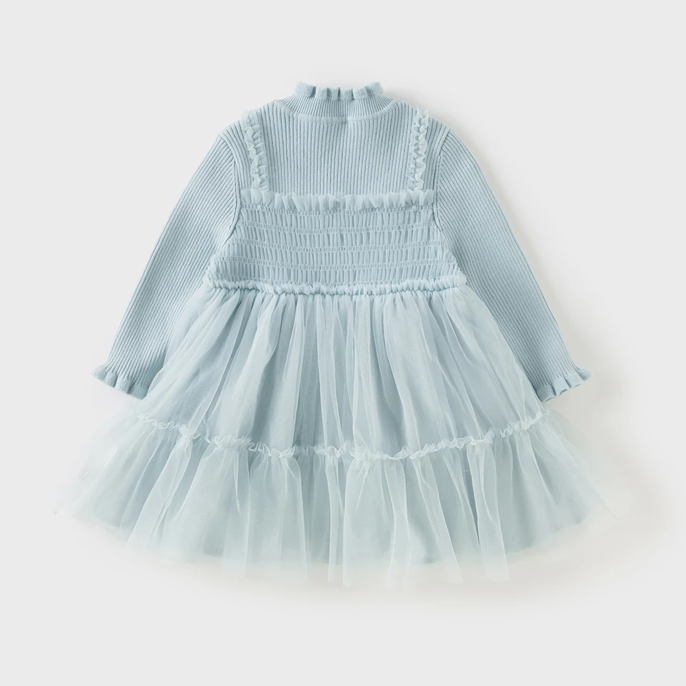 Dave Bella Girls Sweater Dress Autumn Winter Long Sleeves Kids Cotton Plush Lace Mesh Dress Outerwear Children Clothes DB4243419