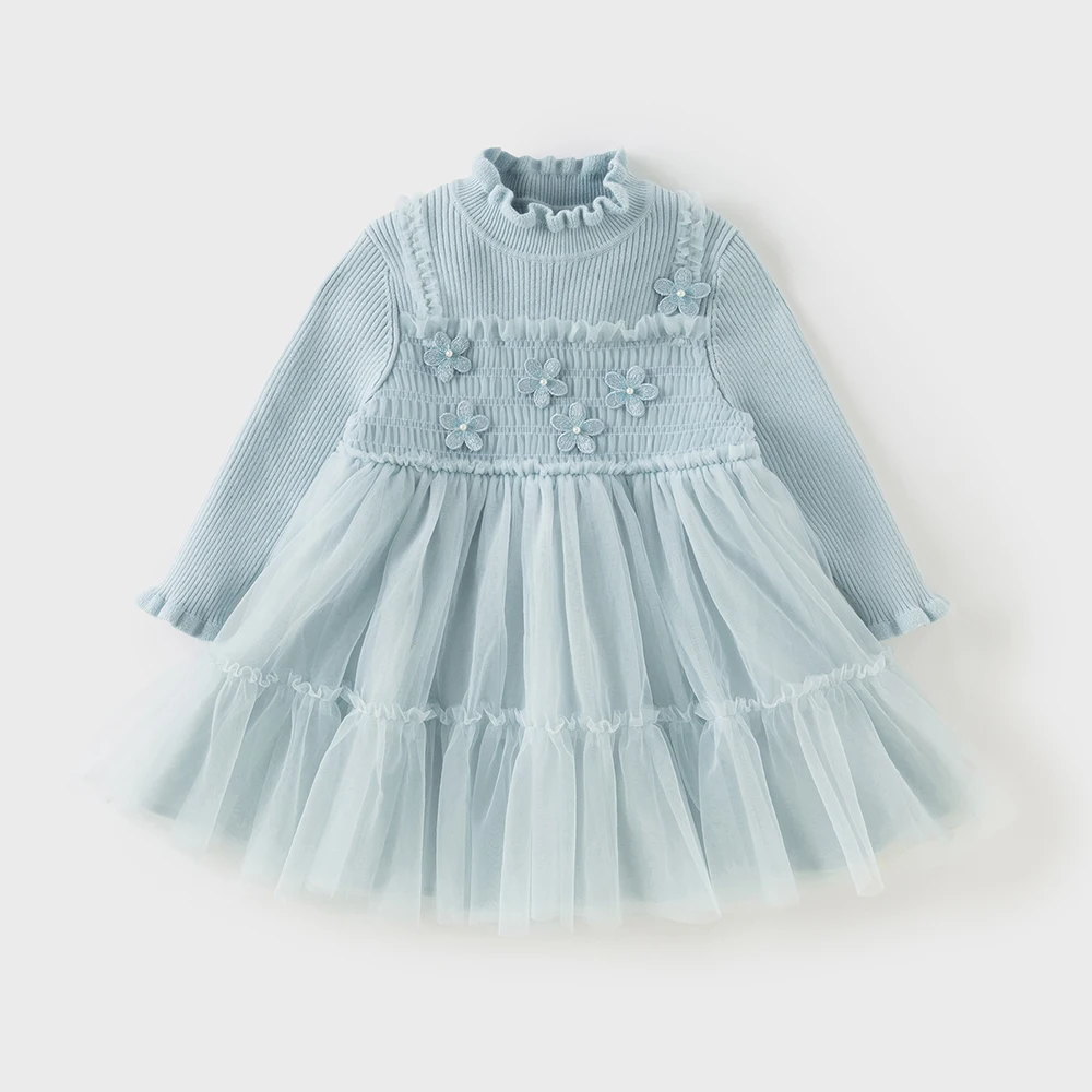 Dave Bella Girls Sweater Dress Autumn Winter Long Sleeves Kids Cotton Plush Lace Mesh Dress Outerwear Children Clothes DB4243419