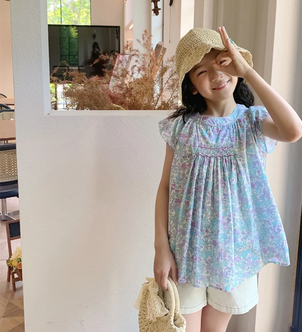 Kids Girl Clothes baby tops Cotton T-Shirt Summer tops Hand embroidery Blue Floral Pattern Girls' Top