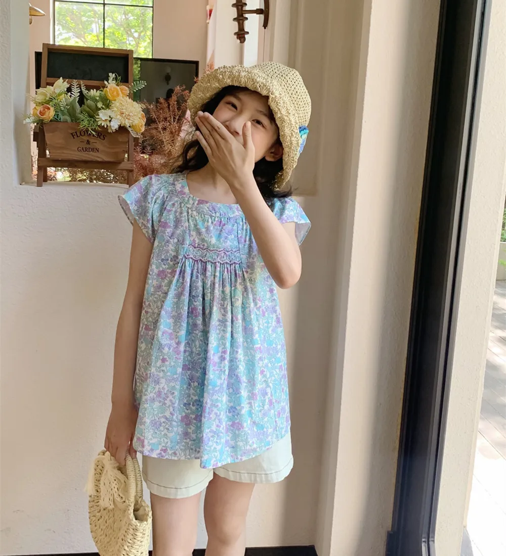 Kids Girl Clothes baby tops Cotton T-Shirt Summer tops Hand embroidery Blue Floral Pattern Girls' Top
