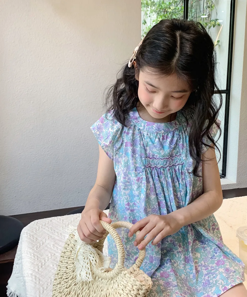 Kids Girl Clothes baby tops Cotton T-Shirt Summer tops Hand embroidery Blue Floral Pattern Girls' Top