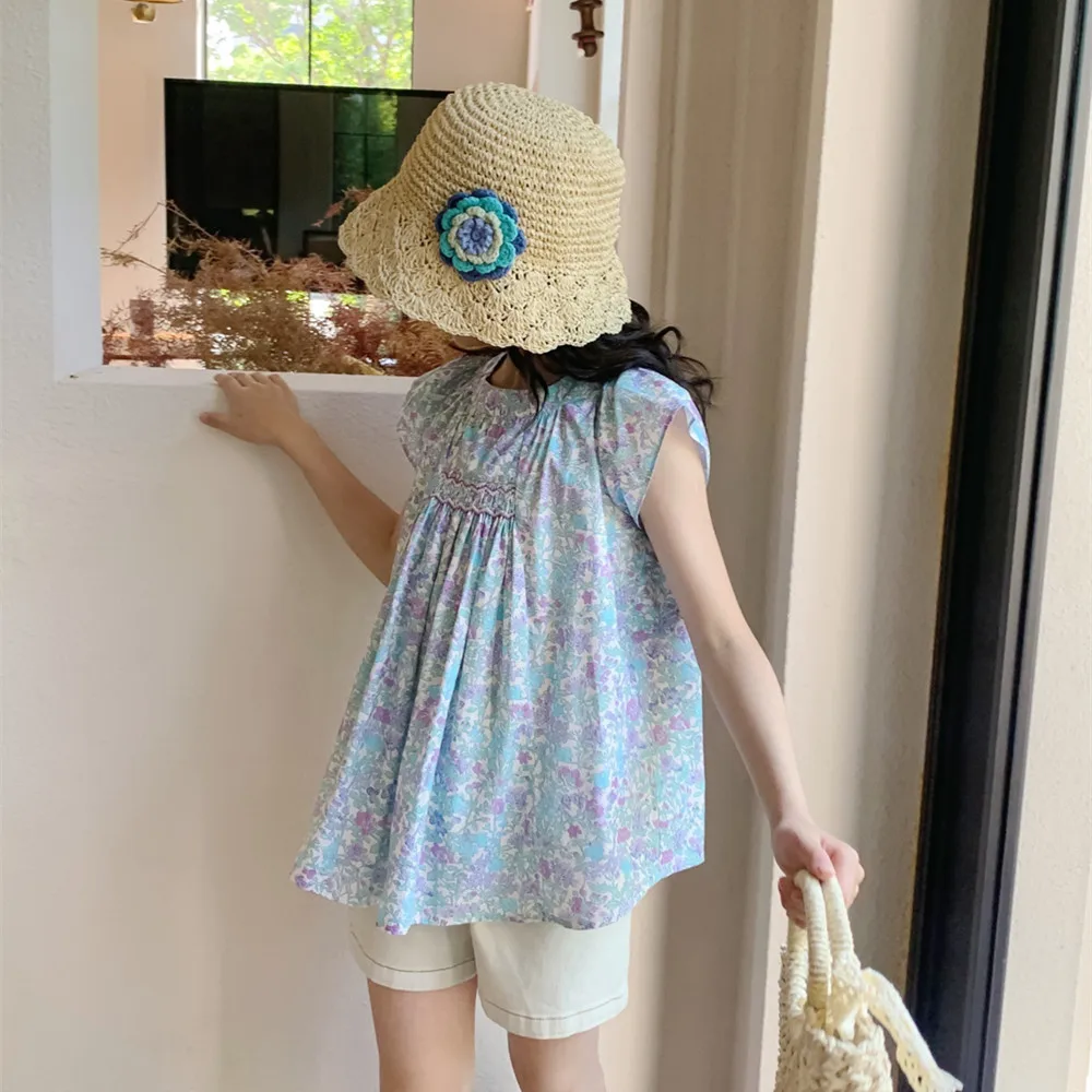 Kids Girl Clothes baby tops Cotton T-Shirt Summer tops Hand embroidery Blue Floral Pattern Girls' Top