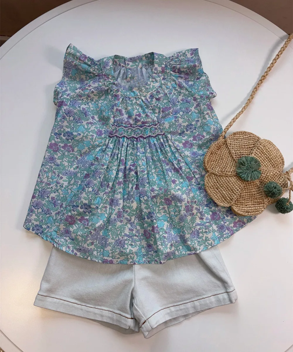 Kids Girl Clothes baby tops Cotton T-Shirt Summer tops Hand embroidery Blue Floral Pattern Girls' Top