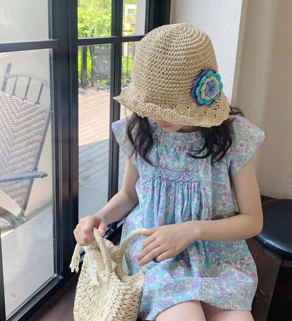 Kids Girl Clothes baby tops Cotton T-Shirt Summer tops Hand embroidery Blue Floral Pattern Girls' Top