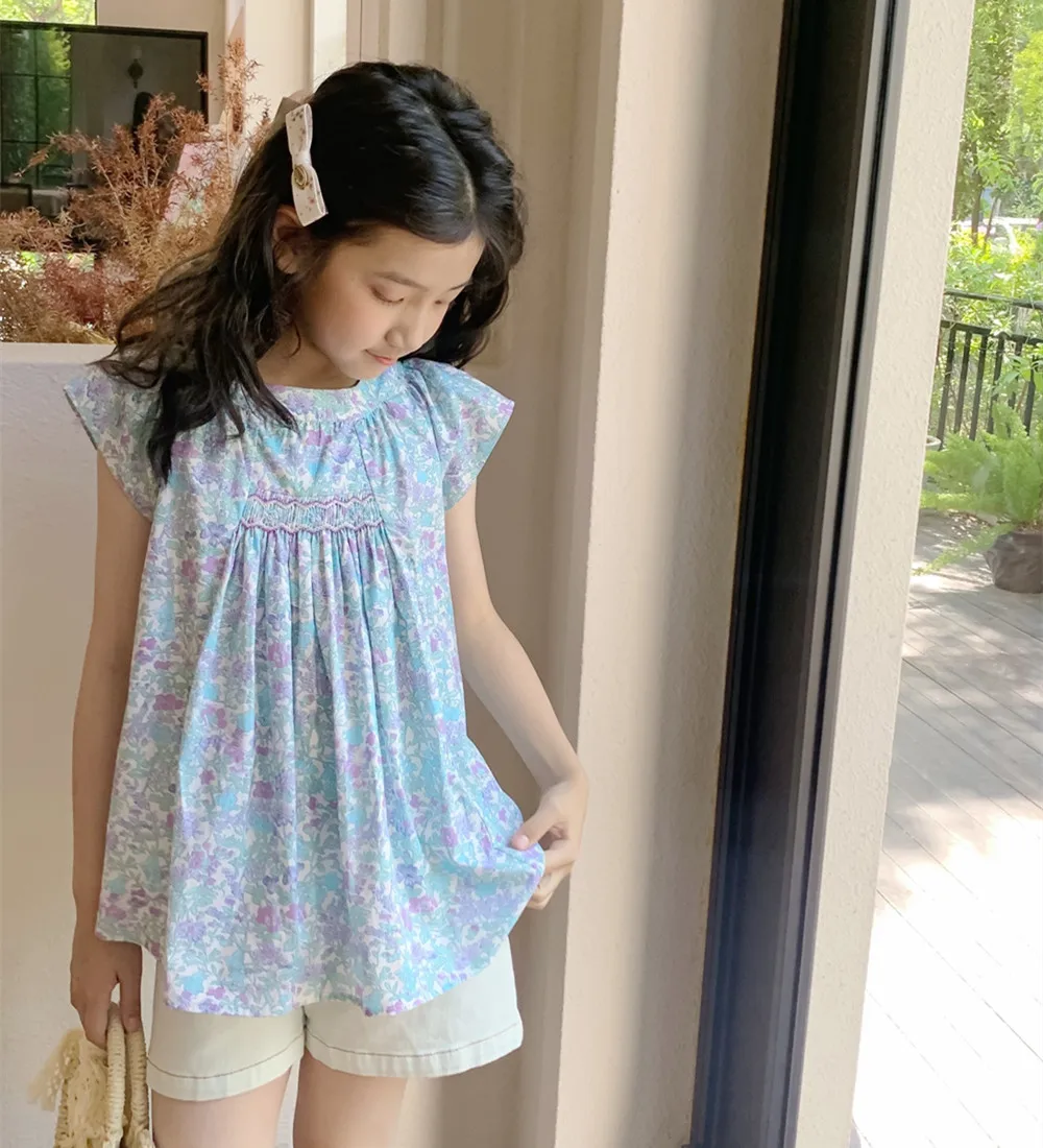 Kids Girl Clothes baby tops Cotton T-Shirt Summer tops Hand embroidery Blue Floral Pattern Girls' Top