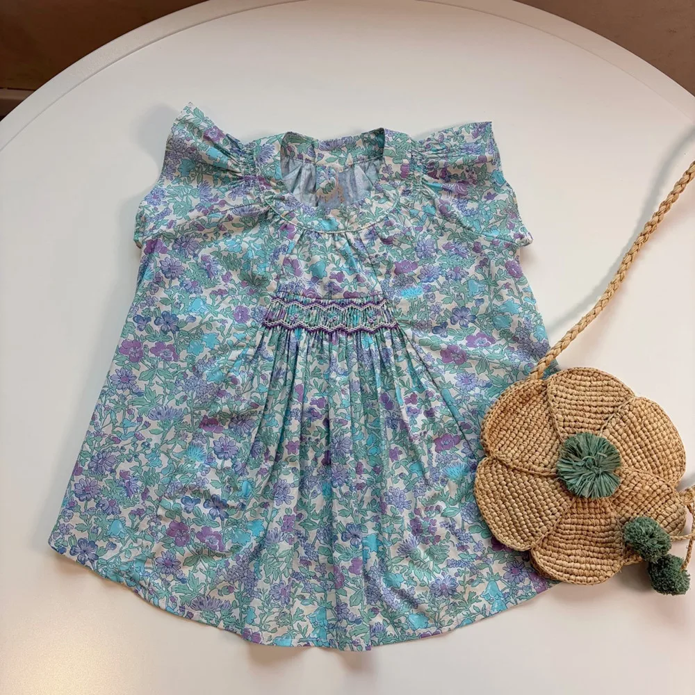 Kids Girl Clothes baby tops Cotton T-Shirt Summer tops Hand embroidery Blue Floral Pattern Girls' Top
