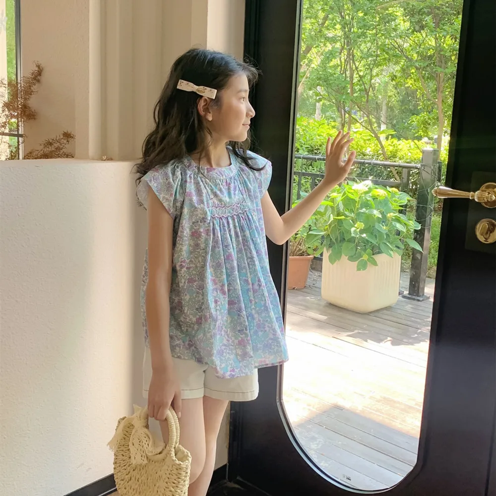 Kids Girl Clothes baby tops Cotton T-Shirt Summer tops Hand embroidery Blue Floral Pattern Girls' Top