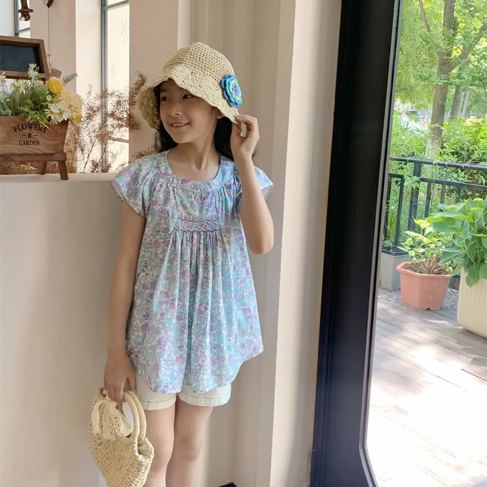 Kids Girl Clothes baby tops Cotton T-Shirt Summer tops Hand embroidery Blue Floral Pattern Girls' Top