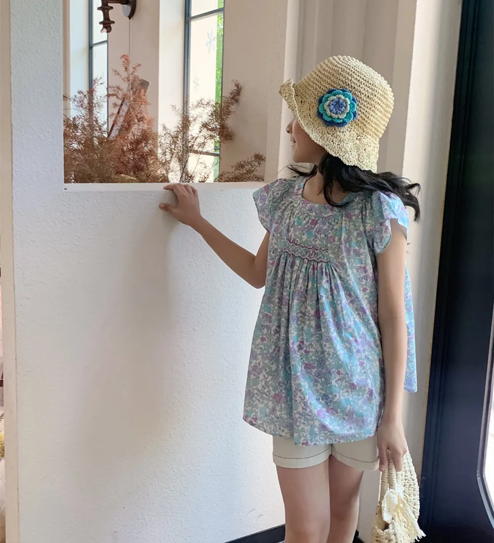 Kids Girl Clothes baby tops Cotton T-Shirt Summer tops Hand embroidery Blue Floral Pattern Girls' Top