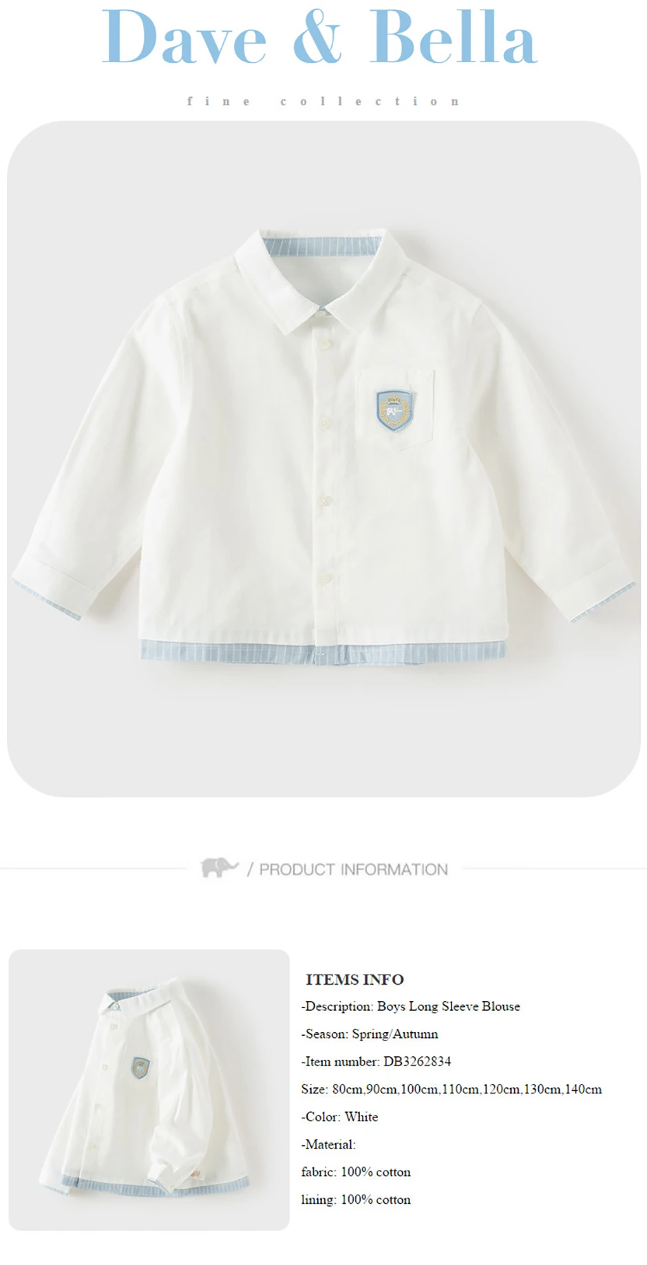Dave Bella Children Patchwork Autumn Spring Shirt Boys Casual Outdoor Long Sleeve Blouse Tops Formal Party Clothes DB3262834