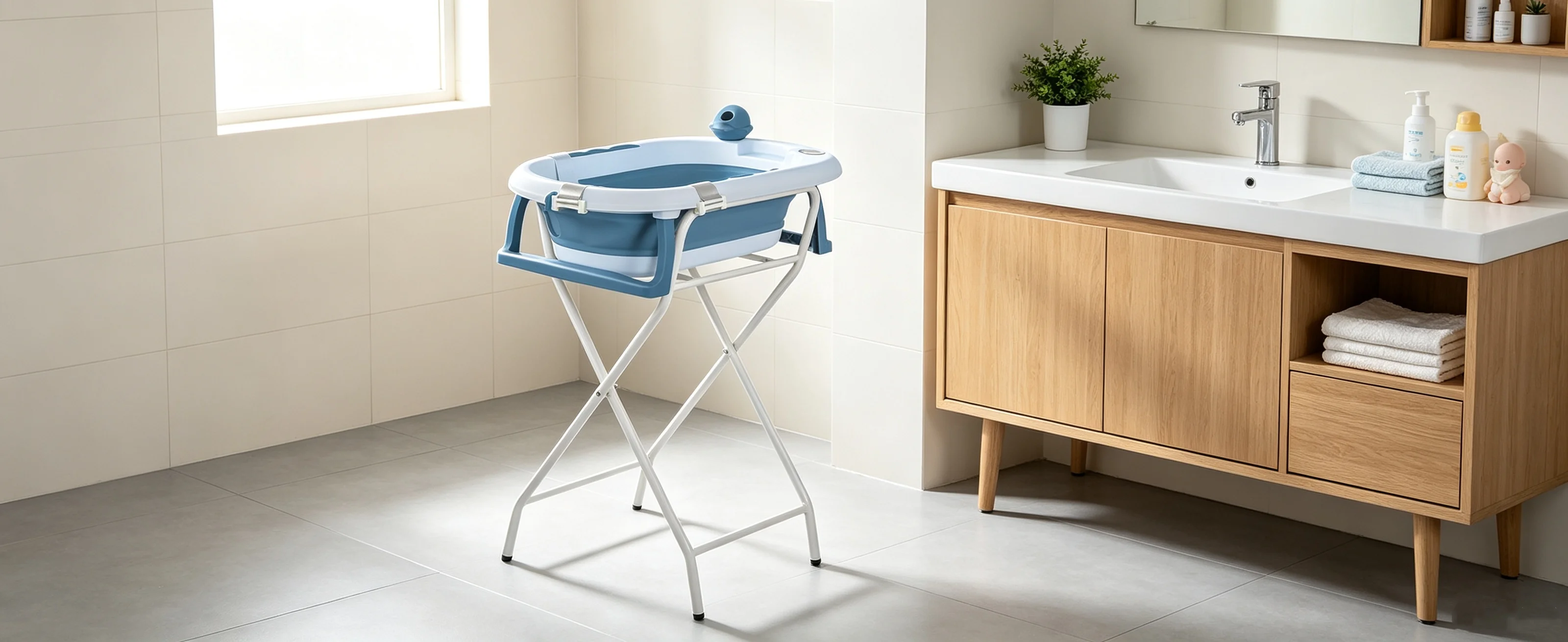 Baby Folding Bath Tub with Steel Stand, Built-In Thermometer, Ergonomic Cushion, Safe and Comfortable, 0-3 Years, Grey/Blue/Green/Violet/Pink