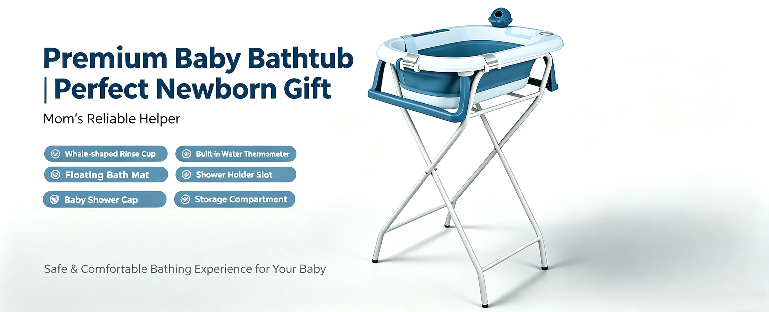 Baby Folding Bath Tub with Steel Stand, Built-In Thermometer, Ergonomic Cushion, Safe and Comfortable, 0-3 Years, Grey/Blue/Green/Violet/Pink