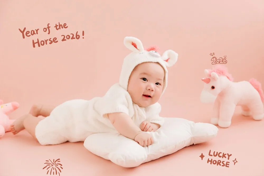 Newborn Photography Props 2026 Pink Horse Year Theme Set Blanket Outfit Set Horses Doll Decors for Studio Photoshoot Clothing