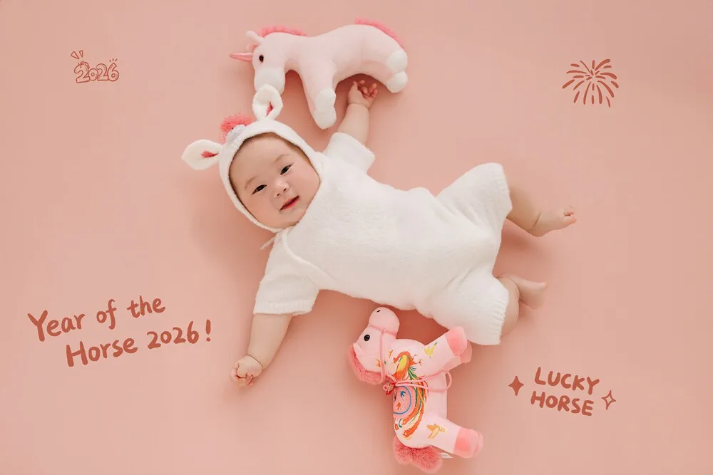 Newborn Photography Props 2026 Pink Horse Year Theme Set Blanket Outfit Set Horses Doll Decors for Studio Photoshoot Clothing
