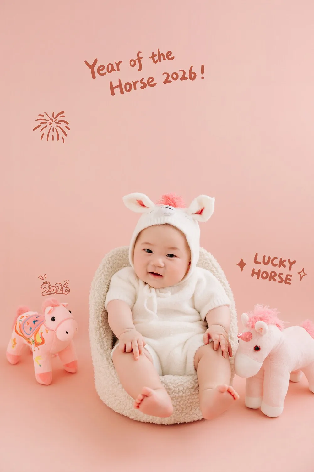 Newborn Photography Props 2026 Pink Horse Year Theme Set Blanket Outfit Set Horses Doll Decors for Studio Photoshoot Clothing
