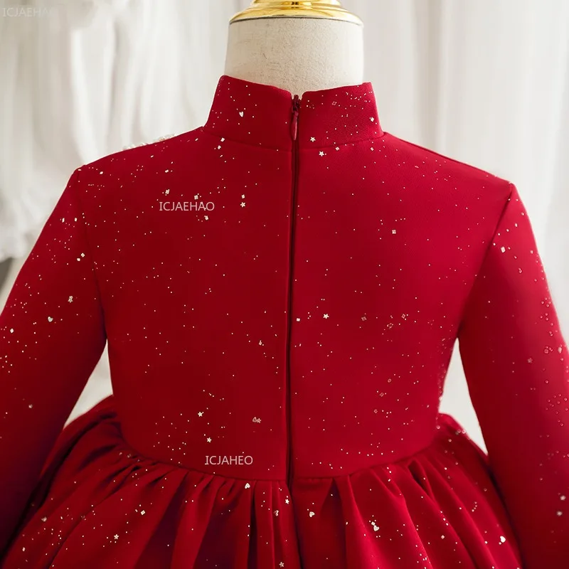 Red Chinese Cheongsam Dress Baby Girls First Birthday PartyChildren Princess Formal Banquet Dress Gown Long Sleeve Flower Girl