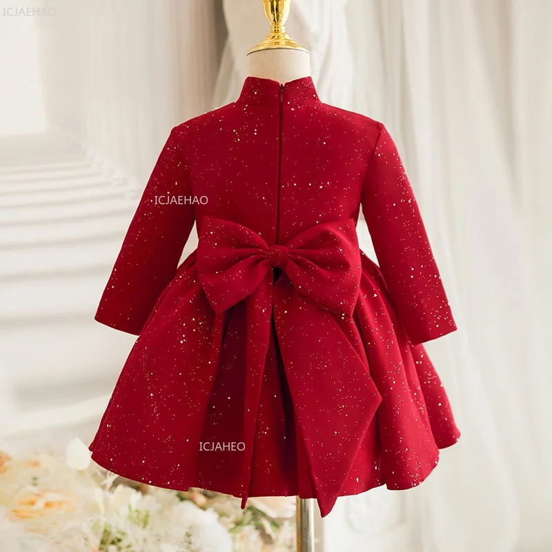Red Chinese Cheongsam Dress Baby Girls First Birthday PartyChildren Princess Formal Banquet Dress Gown Long Sleeve Flower Girl