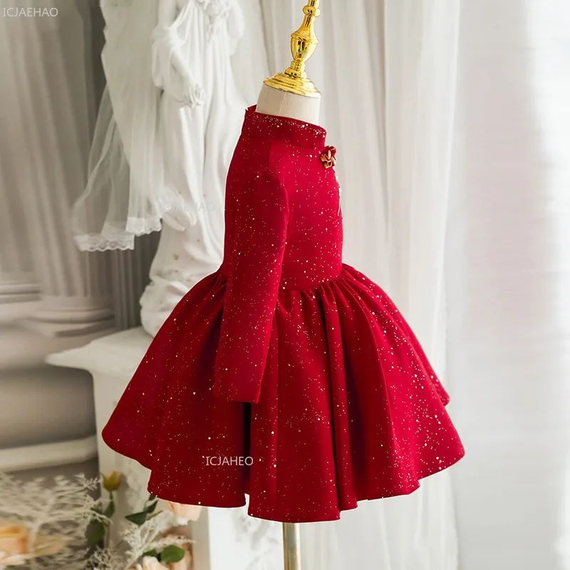 Red Chinese Cheongsam Dress Baby Girls First Birthday PartyChildren Princess Formal Banquet Dress Gown Long Sleeve Flower Girl