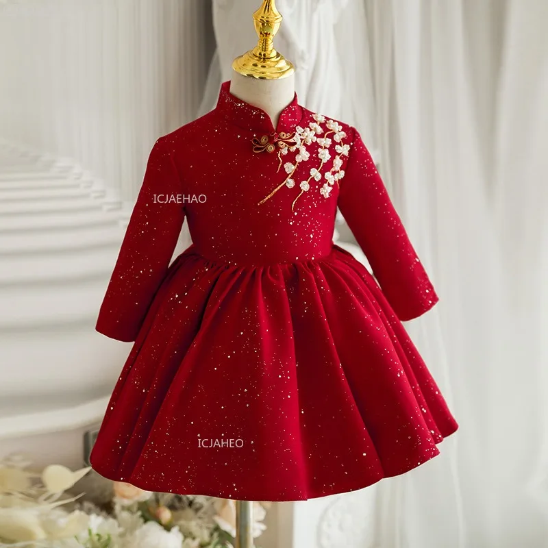 Red Chinese Cheongsam Dress Baby Girls First Birthday PartyChildren Princess Formal Banquet Dress Gown Long Sleeve Flower Girl