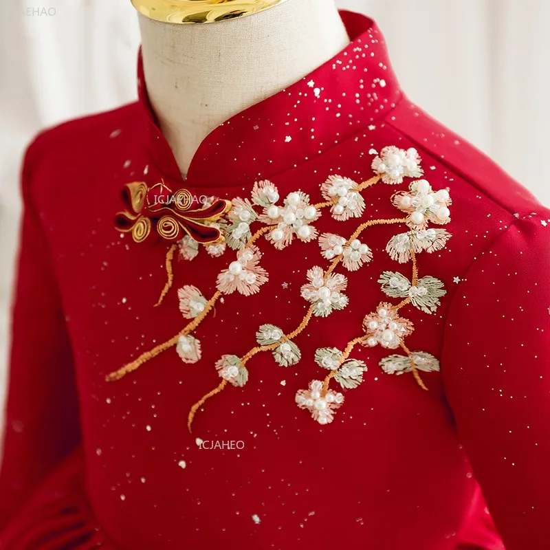 Red Chinese Cheongsam Dress Baby Girls First Birthday PartyChildren Princess Formal Banquet Dress Gown Long Sleeve Flower Girl