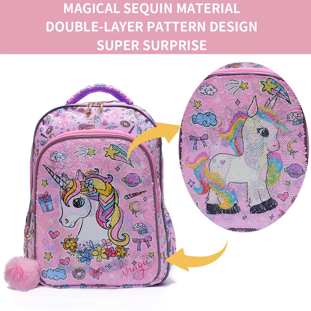3PCS Travel Bag, Luggage Bag, Bookbag, With Lunch Box And Pen Bag, Pink Cartoon Unicorn Patter Sequin Design, Nighttime Ref