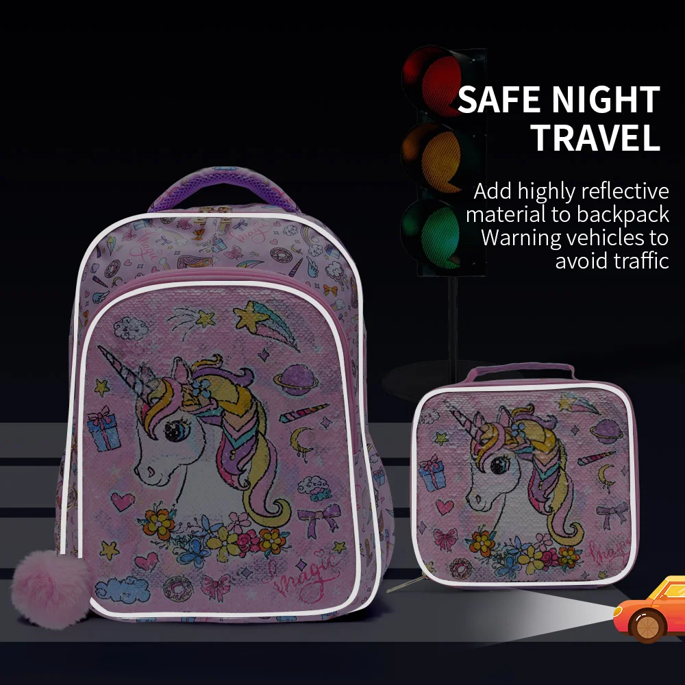 3PCS Travel Bag, Luggage Bag, Bookbag, With Lunch Box And Pen Bag, Pink Cartoon Unicorn Patter Sequin Design, Nighttime Ref