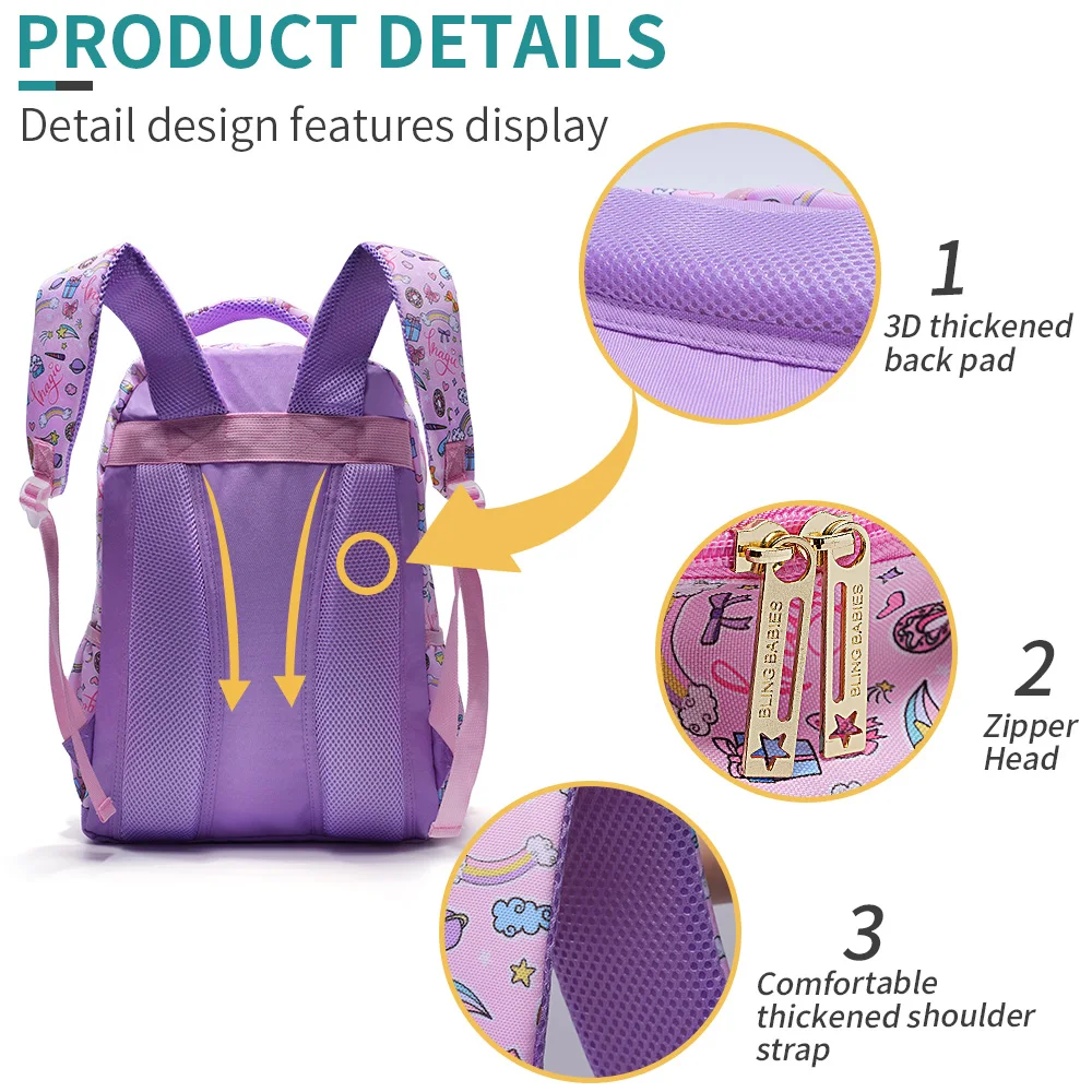 3PCS Travel Bag, Luggage Bag, Bookbag, With Lunch Box And Pen Bag, Pink Cartoon Unicorn Patter Sequin Design, Nighttime Ref
