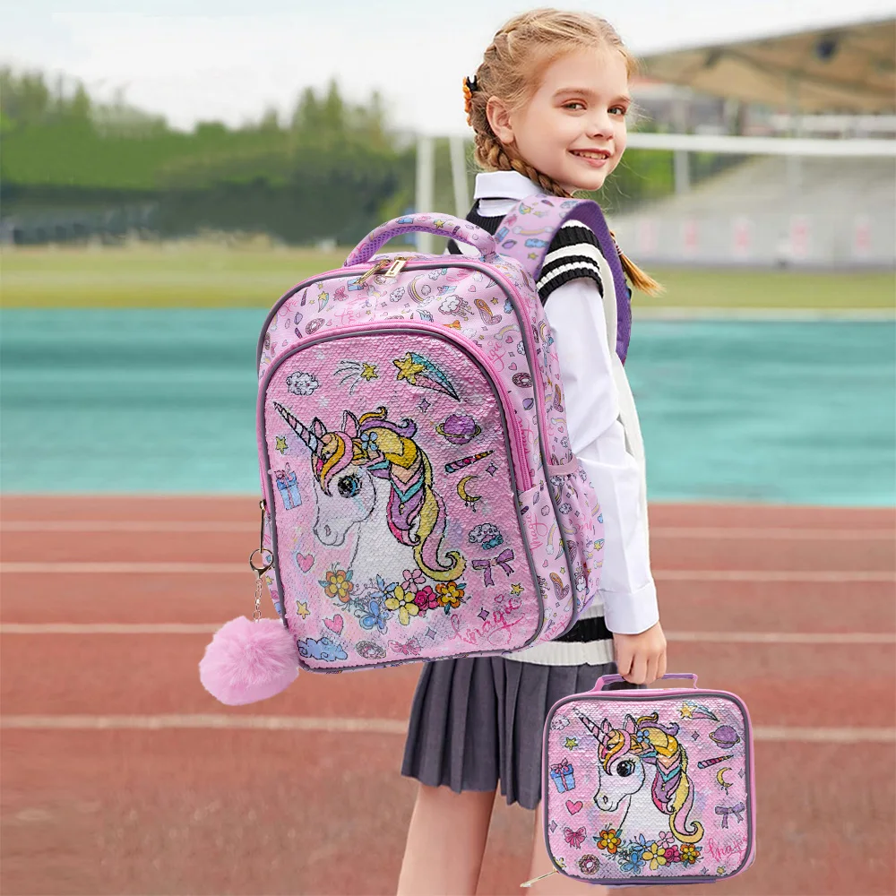 3PCS Travel Bag, Luggage Bag, Bookbag, With Lunch Box And Pen Bag, Pink Cartoon Unicorn Patter Sequin Design, Nighttime Ref