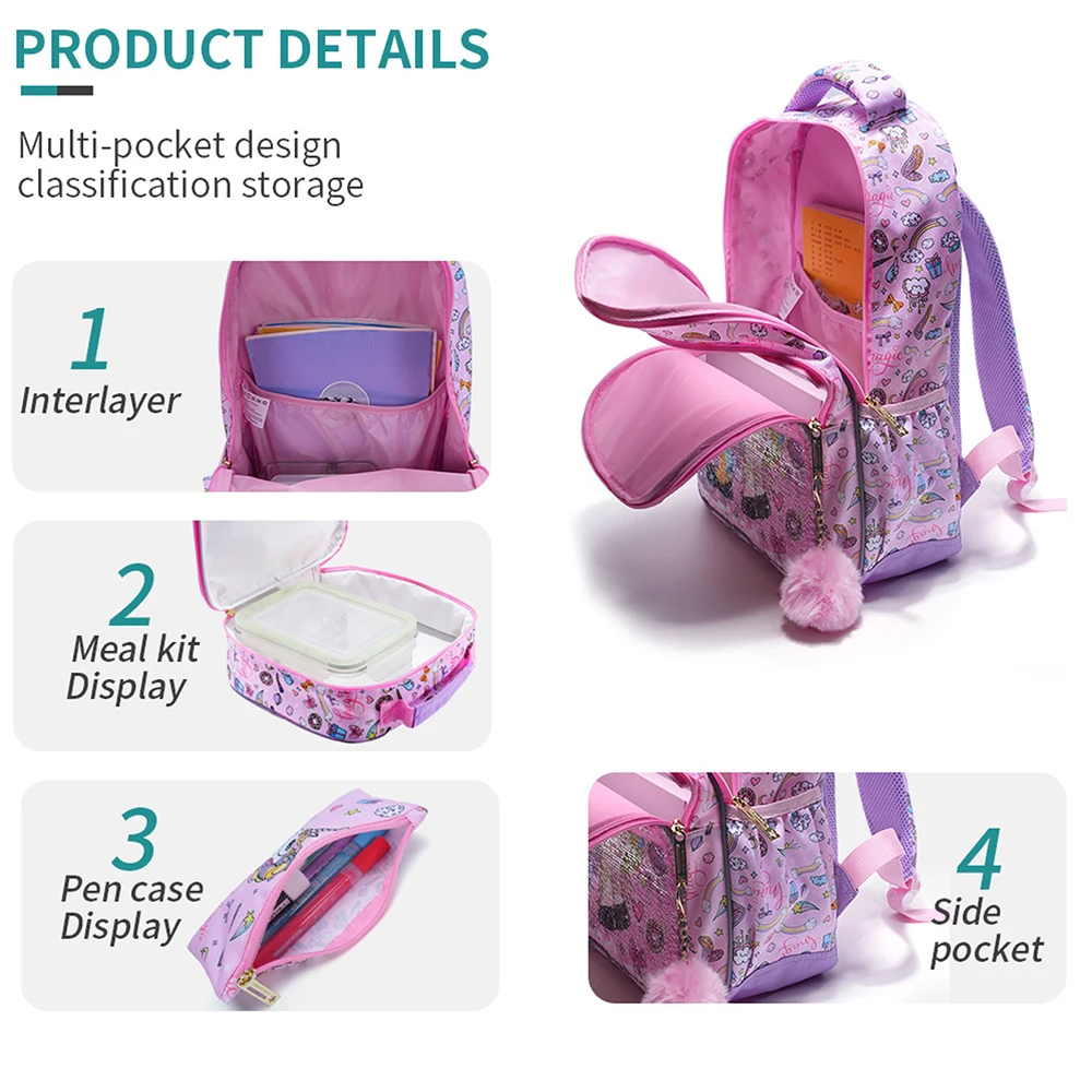 3PCS Travel Bag, Luggage Bag, Bookbag, With Lunch Box And Pen Bag, Pink Cartoon Unicorn Patter Sequin Design, Nighttime Ref