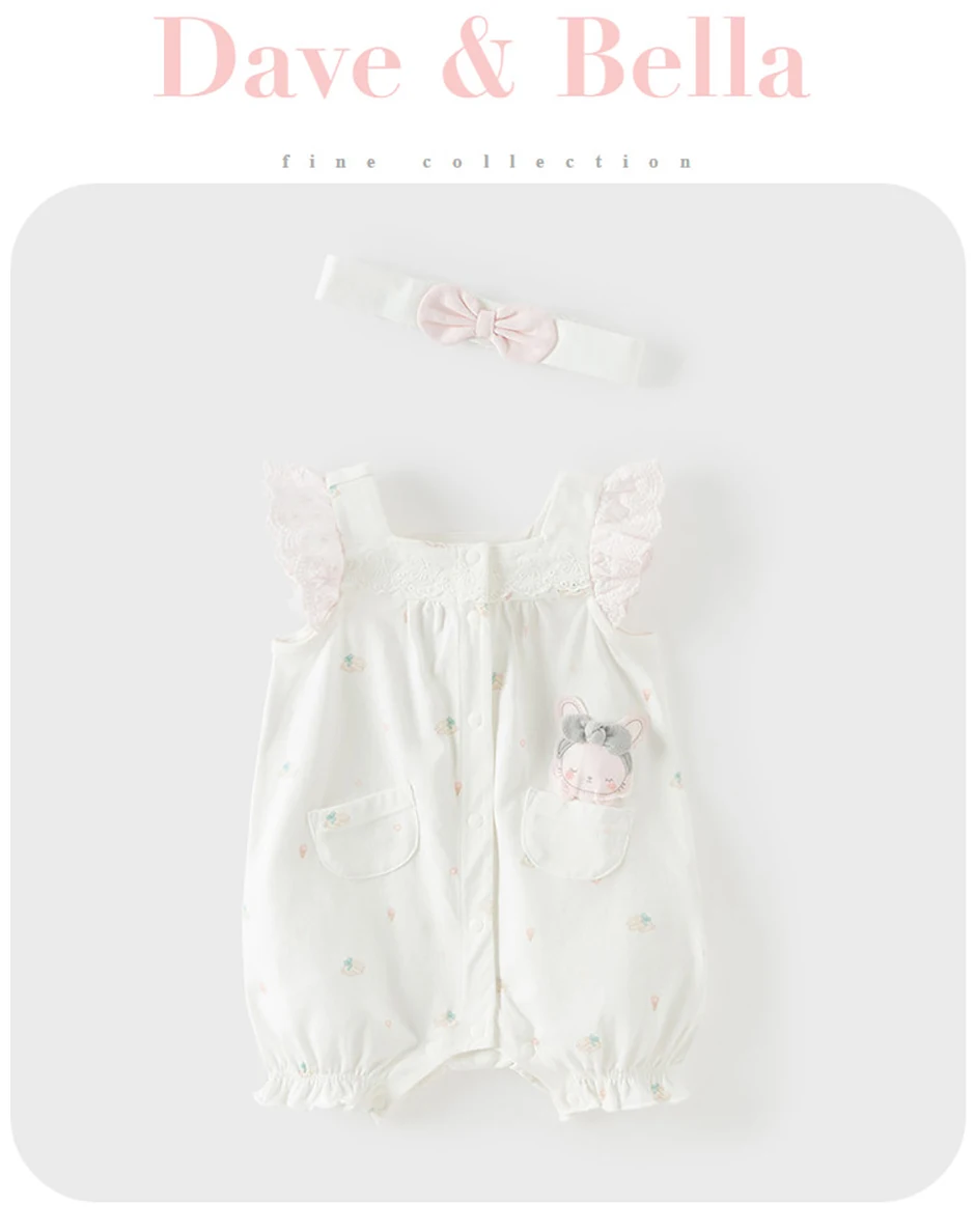 Dave Bella Newborn Creeper with Headband Summer Girs Cartoon Romper Print Sweet Baby Princess Jumpsuit DB2262063