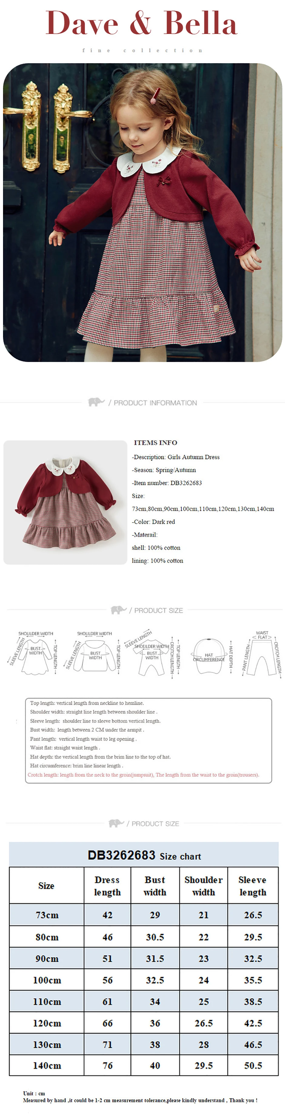 Dave Bella Girls Plaid Dresses Autumn Fake Two Piece Dress Spring Princess Elegant Children One-piece Clothing Fashion DB3262683