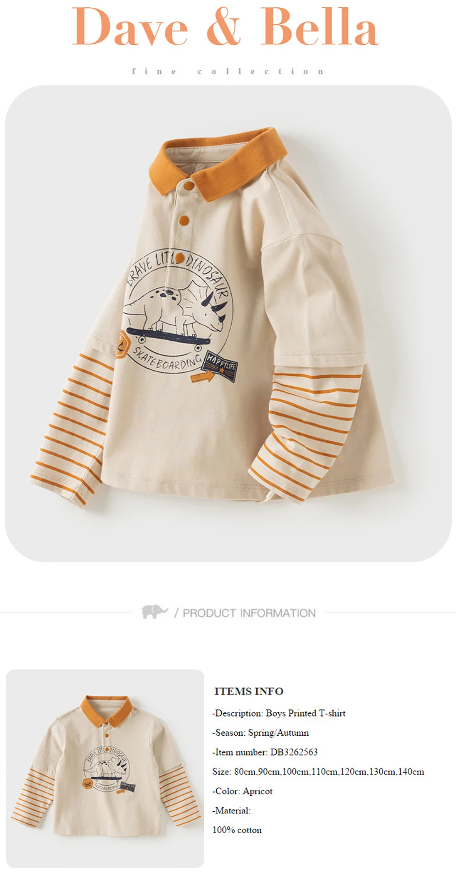 Dave Bella Boys Spring Autumn Polo T-shirt Casual Long Sleeve Fake Two-pieces T-shirt Kids Boy Outdoor Shirt Top DB3262563