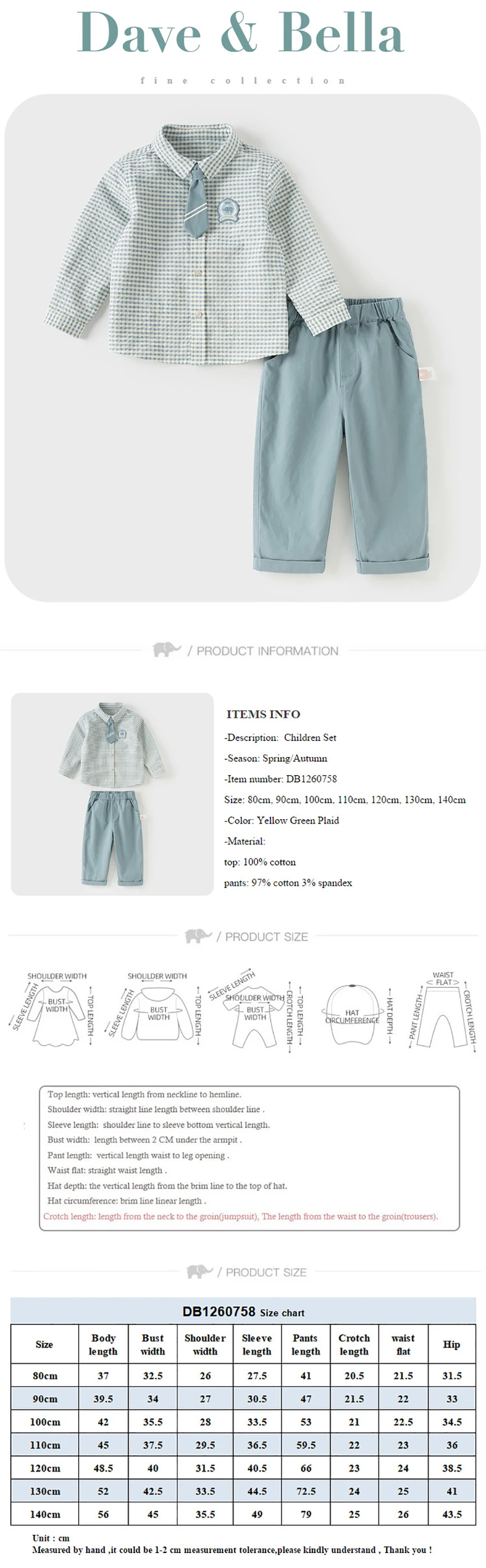 Dave Bella Children Shirt Pant Suits Spring Autumn Boys Sets Baby Grid Top Elastic Waist Trousers Fashion Kids Clothes DB1260758