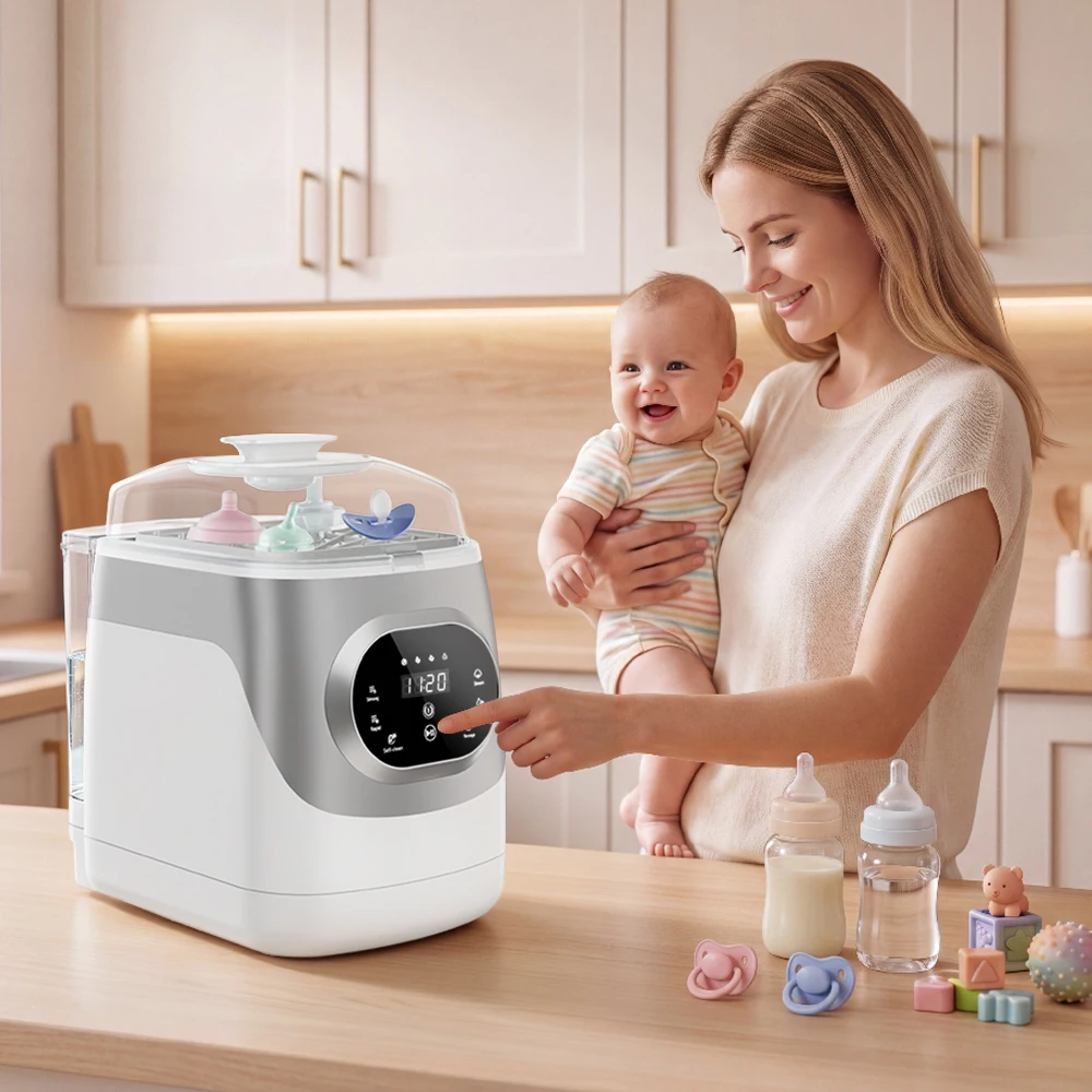 Multi-Function Countertop Infant Bottle Washing Machine with Self-Clean Cycle, Steam Sterilize Dry Store 5 Modes Digital Touch Display, Kmaier Automatic Cleaner with Bonus Detergent Tablets for Newborn Feeding Supplies
