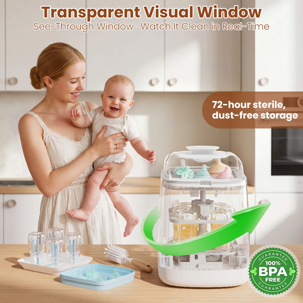 Multi-Function Countertop Infant Bottle Washing Machine with Self-Clean Cycle, Steam Sterilize Dry Store 5 Modes Digital Touch Display, Kmaier Automatic Cleaner with Bonus Detergent Tablets for Newborn Feeding Supplies