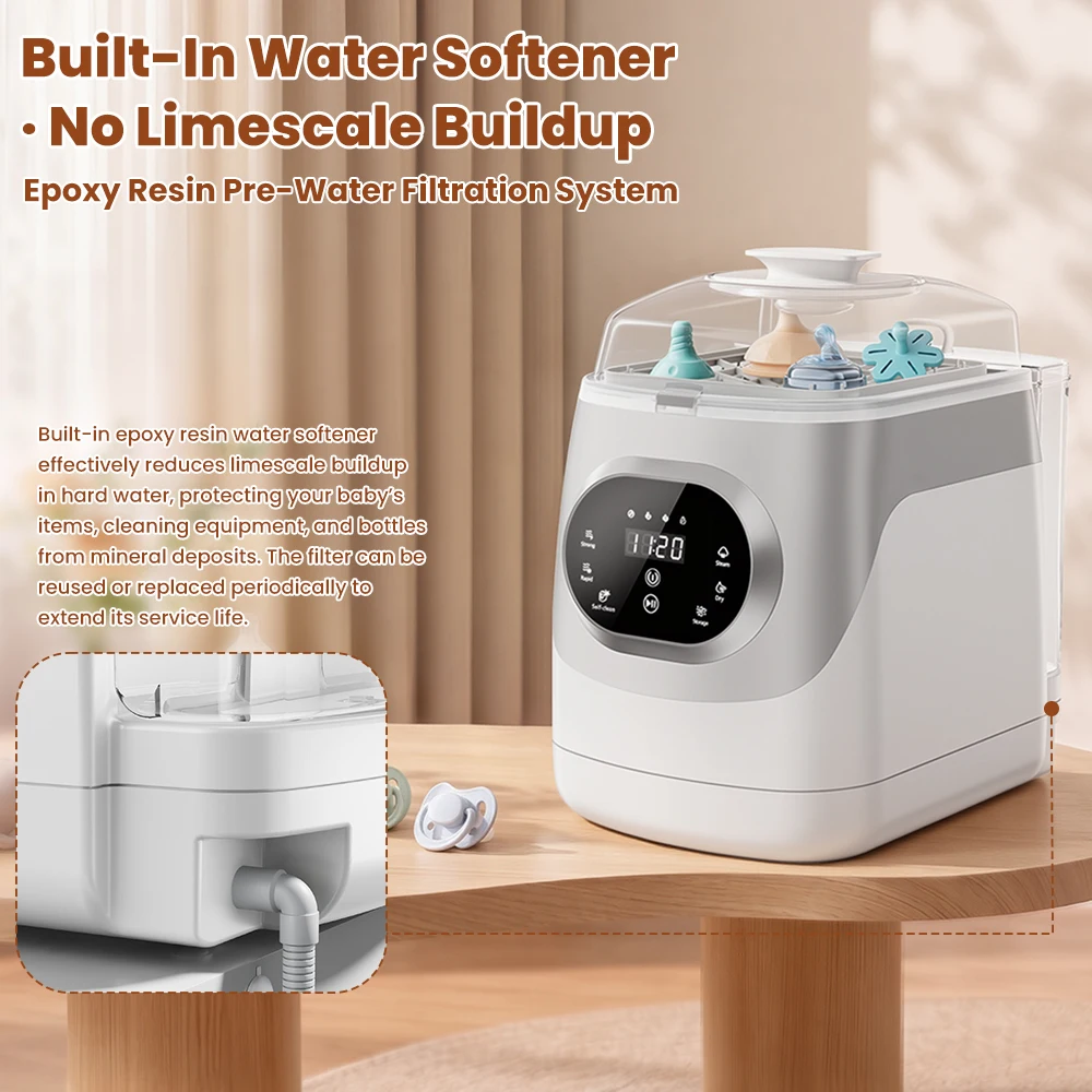 Multi-Function Countertop Infant Bottle Washing Machine with Self-Clean Cycle, Steam Sterilize Dry Store 5 Modes Digital Touch Display, Kmaier Automatic Cleaner with Bonus Detergent Tablets for Newborn Feeding Supplies