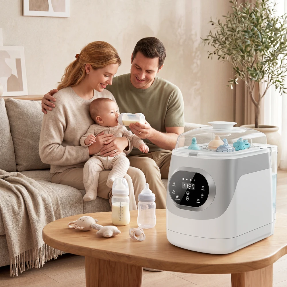 Multi-Function Countertop Infant Bottle Washing Machine with Self-Clean Cycle, Steam Sterilize Dry Store 5 Modes Digital Touch Display, Kmaier Automatic Cleaner with Bonus Detergent Tablets for Newborn Feeding Supplies