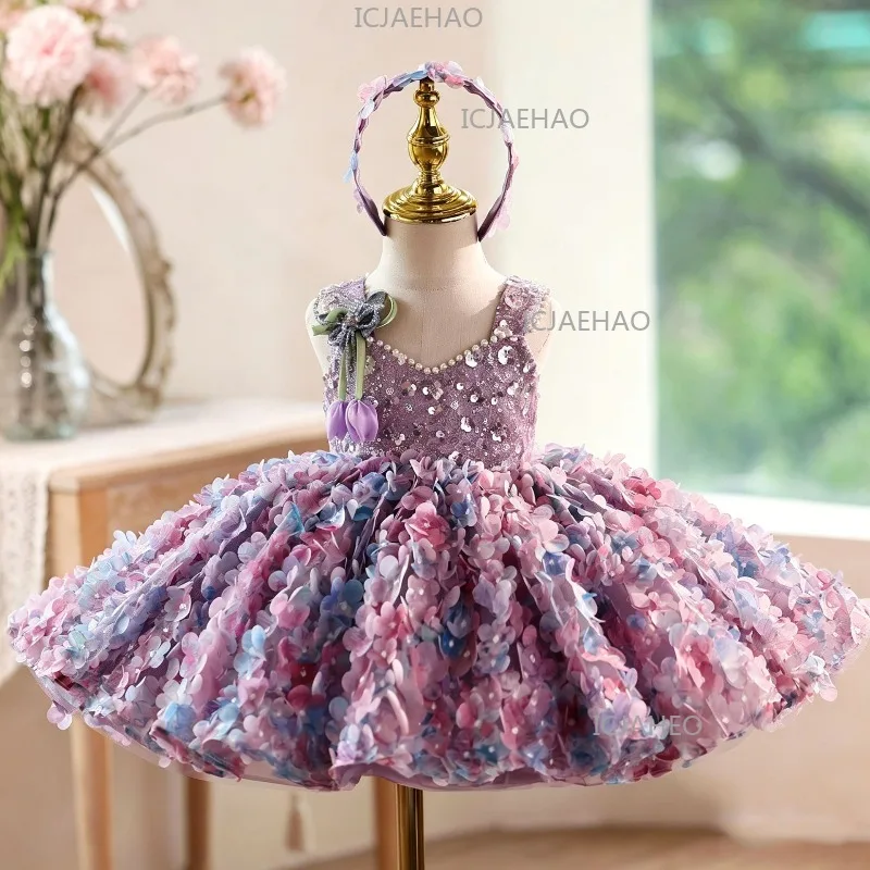 2026 Children Girls Birthday V Neck Purple Floral Gown Piano Performance Runway Kids Host Princess Dress Pageant Elegant Costume