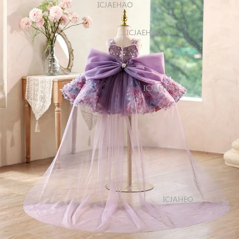 2026 Children Girls Birthday V Neck Purple Floral Gown Piano Performance Runway Kids Host Princess Dress Pageant Elegant Costume