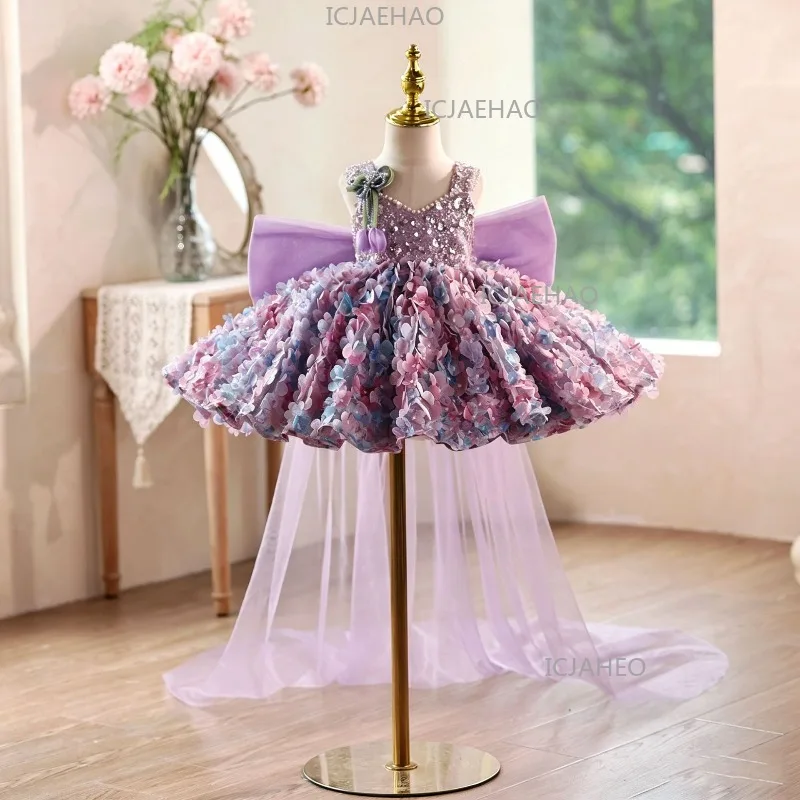 2026 Children Girls Birthday V Neck Purple Floral Gown Piano Performance Runway Kids Host Princess Dress Pageant Elegant Costume