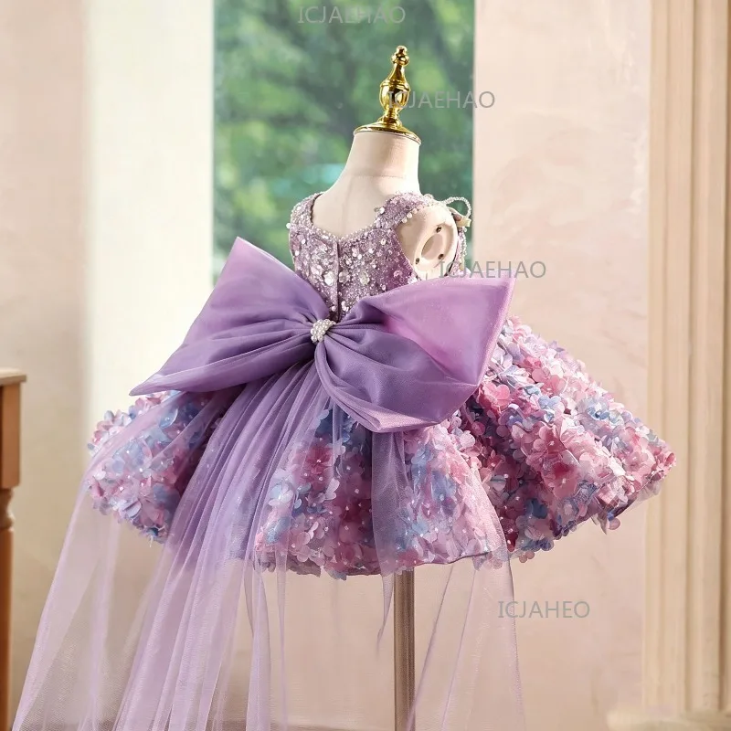 2026 Children Girls Birthday V Neck Purple Floral Gown Piano Performance Runway Kids Host Princess Dress Pageant Elegant Costume