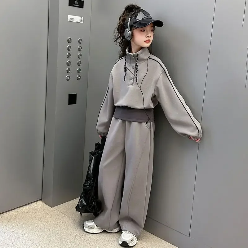ZOETOPKID 2026 Autumn Teenager Clothes Children Set Grey Batwing Striped Crop Top Sweatshirt + Wide Leg Pant Tracksuit